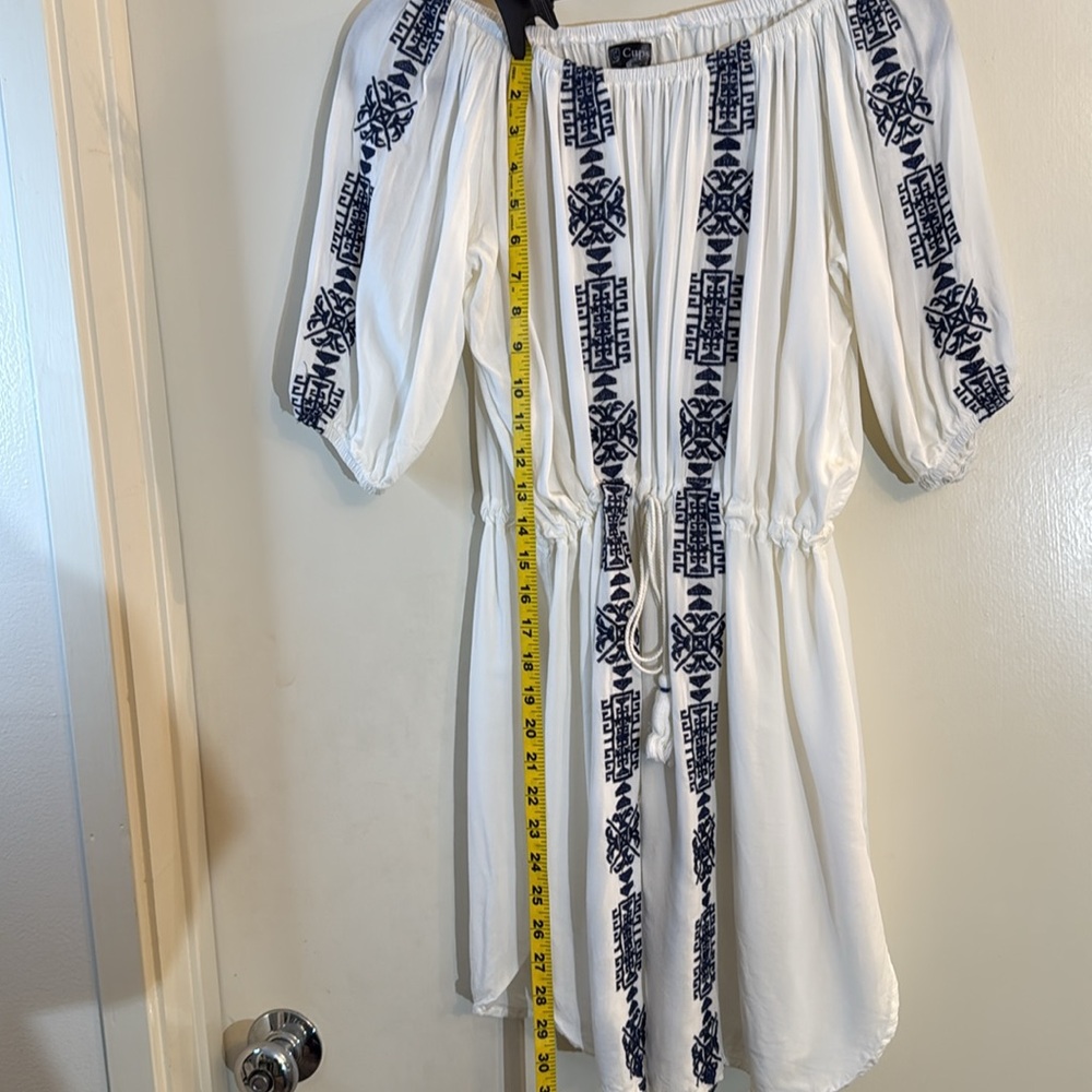 Summer White Dress with Navy Blue Embroidery - Picture 9 of 10